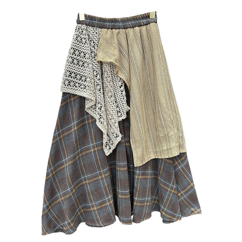 Women Stitching Color-contrast Check Skirt
