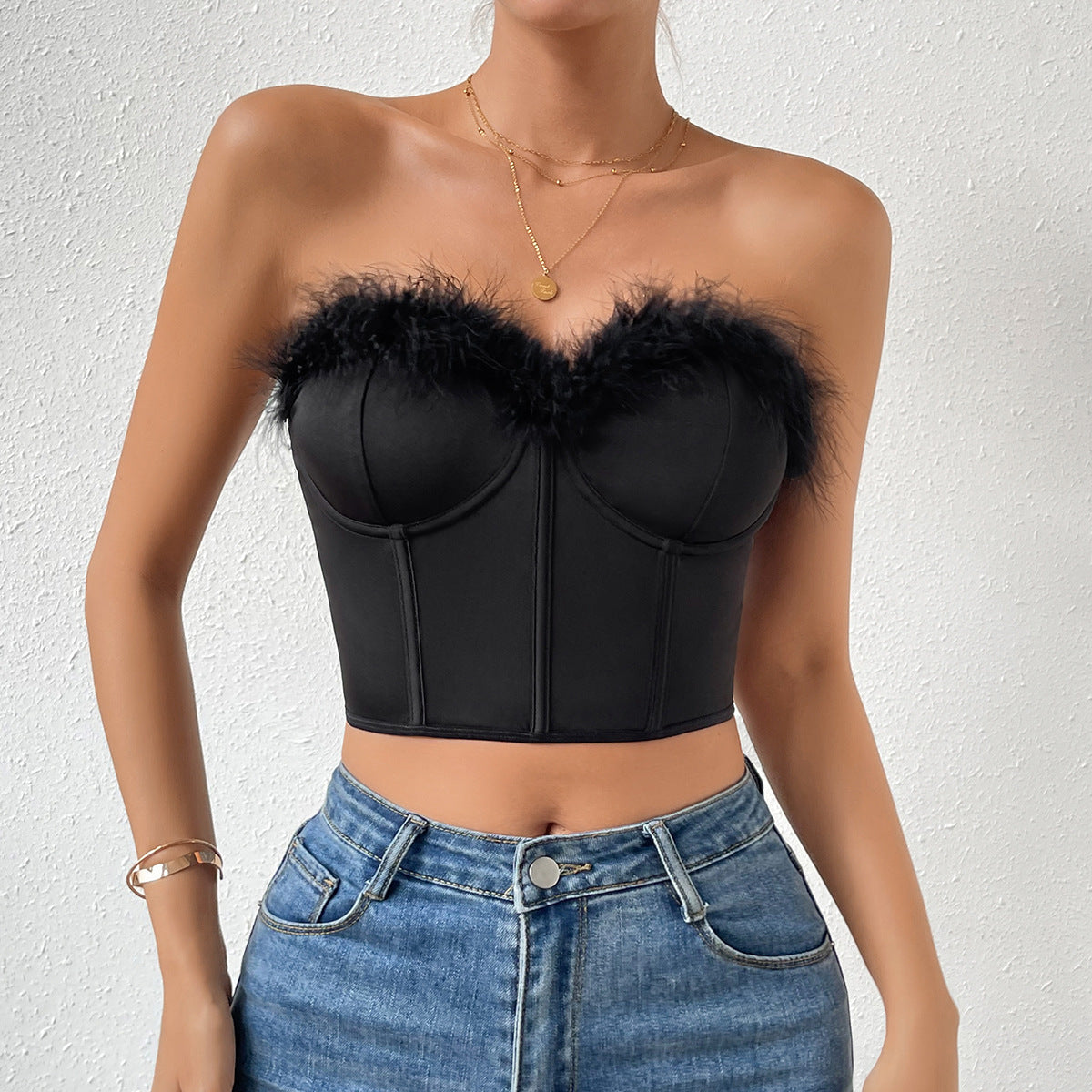 Women's Clothing Short Stitching Feather Coat