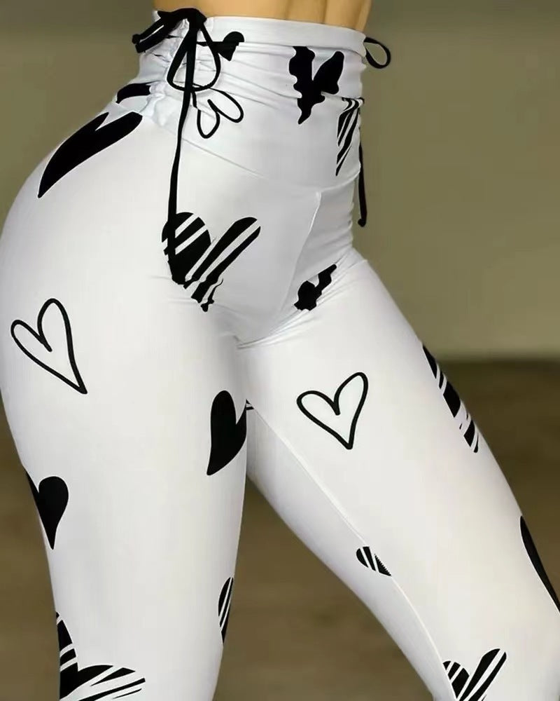 Drawstring Heart Print Leggings