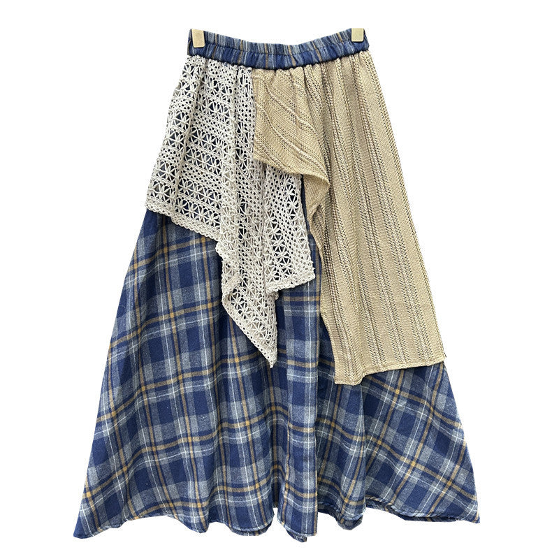 Women Stitching Color-contrast Check Skirt