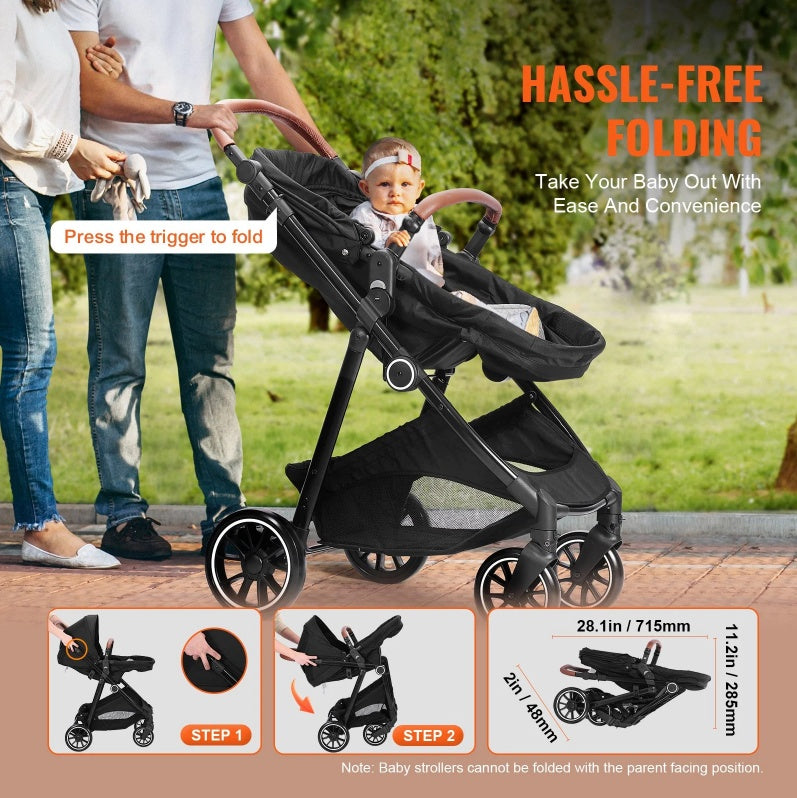 Standard Baby Stroller, Infant Toddler Stroller With Bassinet, 3rd-Gear Adjustable Backrest & Foldable