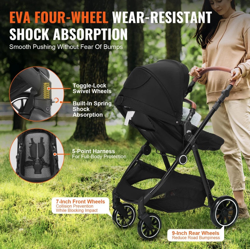 Standard Baby Stroller, Infant Toddler Stroller With Bassinet, 3rd-Gear Adjustable Backrest & Foldable