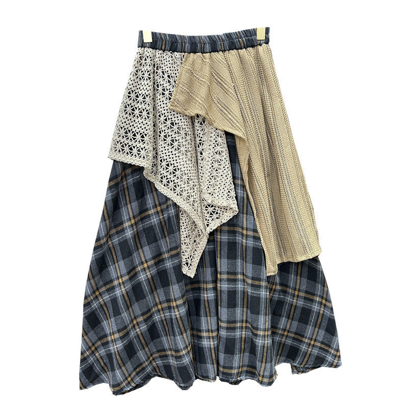 Women Stitching Color-contrast Check Skirt