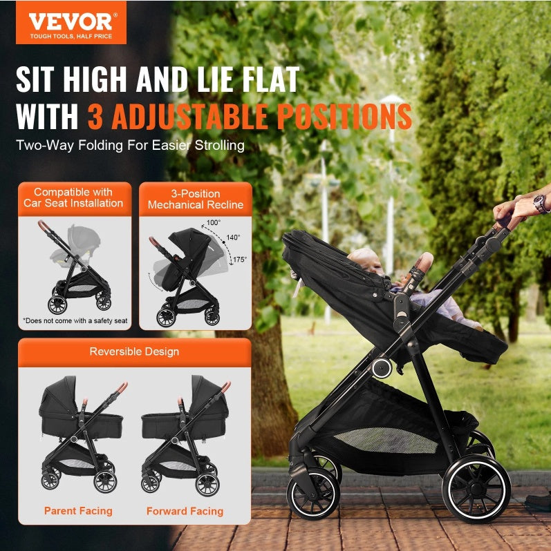 Standard Baby Stroller, Infant Toddler Stroller With Bassinet, 3rd-Gear Adjustable Backrest & Foldable