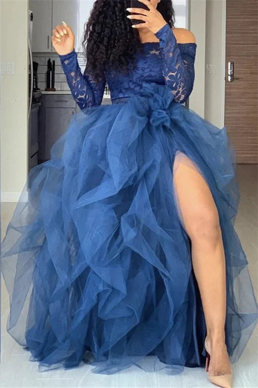 Women Tutu Long Skirt Front Split Layered Tulle Maxi Puffy Skirts Floor Length Wedding Night Out Party Club Clothes