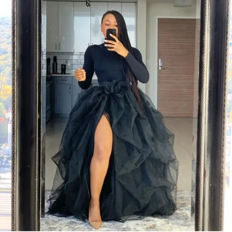 Women Tutu Long Skirt Front Split Layered Tulle Maxi Puffy Skirts Floor Length Wedding Night Out Party Club Clothes