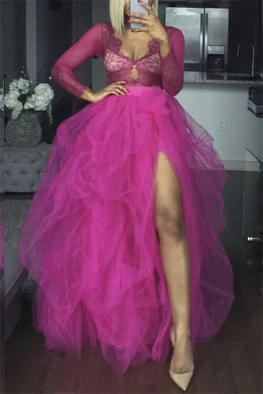 Women Tutu Long Skirt Front Split Layered Tulle Maxi Puffy Skirts Floor Length Wedding Night Out Party Club Clothes