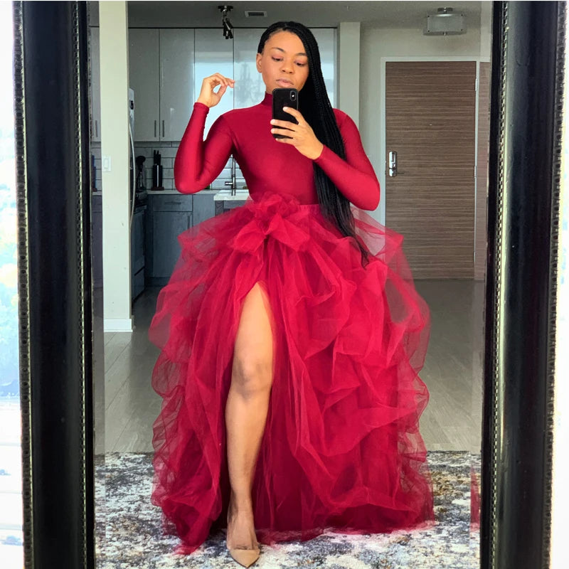 Women Tutu Long Skirt Front Split Layered Tulle Maxi Puffy Skirts Floor Length Wedding Night Out Party Club Clothes