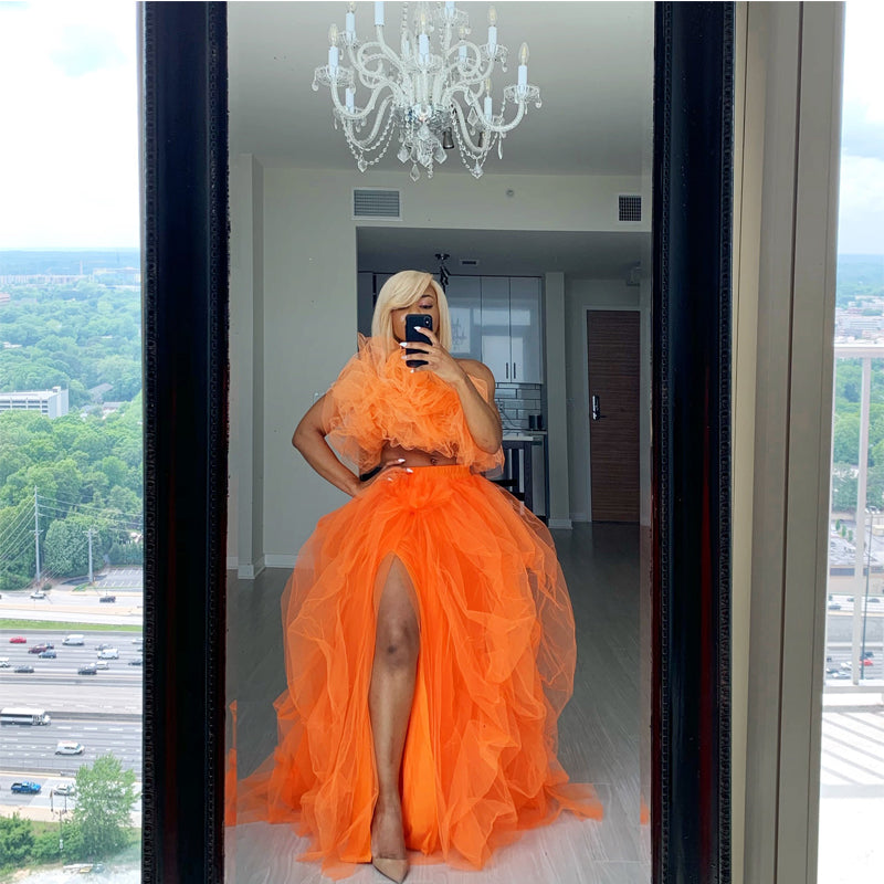 Women Tutu Long Skirt Front Split Layered Tulle Maxi Puffy Skirts Floor Length Wedding Night Out Party Club Clothes