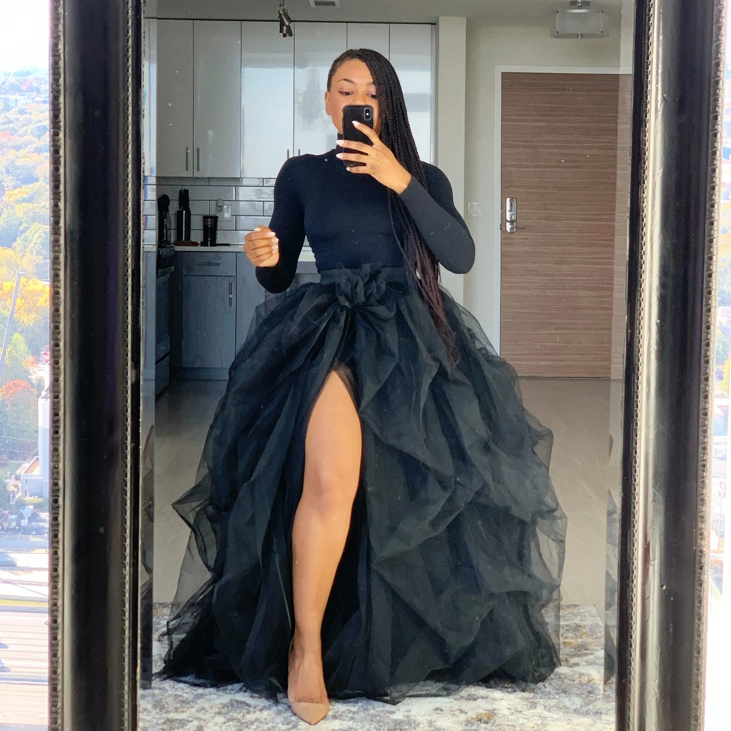 Women Tutu Long Skirt Front Split Layered Tulle Maxi Puffy Skirts Floor Length Wedding Night Out Party Club Clothes