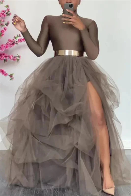 Women Tutu Long Skirt Front Split Layered Tulle Maxi Puffy Skirts Floor Length Wedding Night Out Party Club Clothes