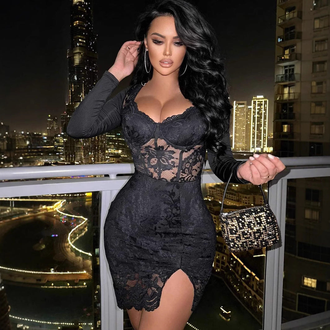Lace Decor Long Sleeve Dress