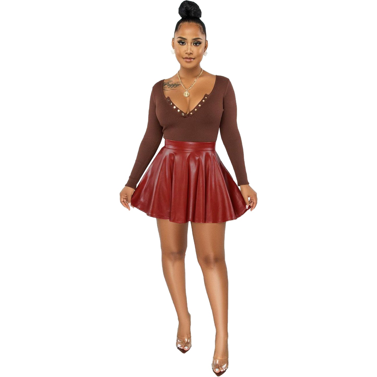 Sexy Solid Color Leather Swing Women's Skirt