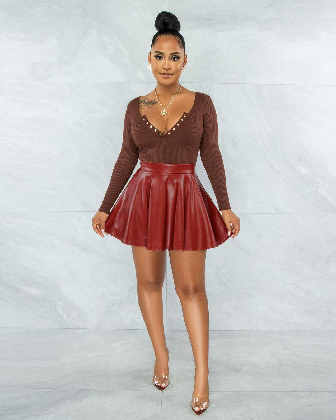 Sexy Solid Color Leather Swing Women's Skirt