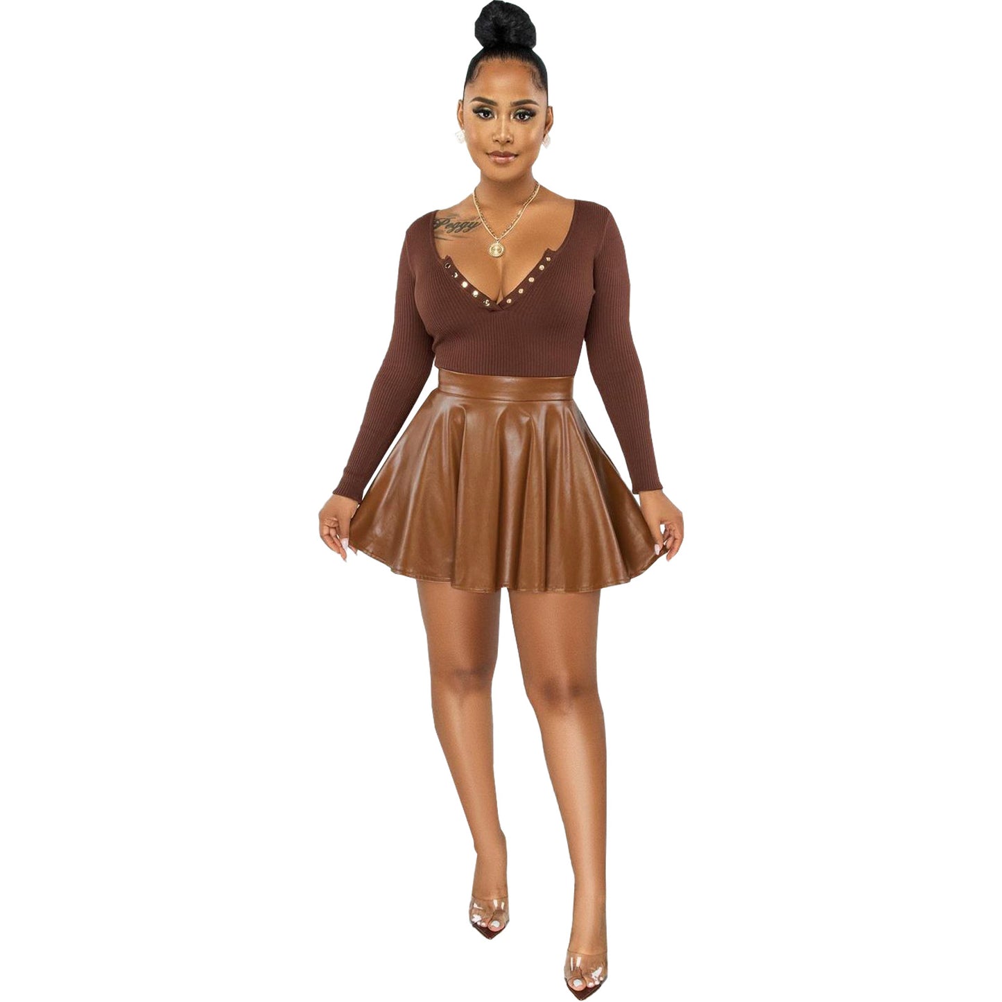 Sexy Solid Color Leather Swing Women's Skirt