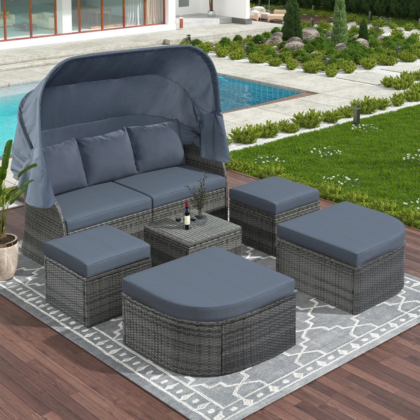 Patio Furniture Set Daybed Sunbed With Canopy Wicker Conversation Set
