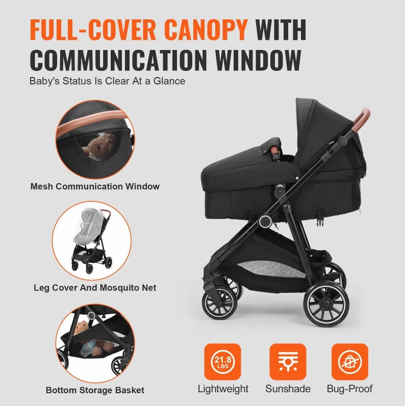 Standard Baby Stroller, Infant Toddler Stroller With Bassinet, 3rd-Gear Adjustable Backrest & Foldable