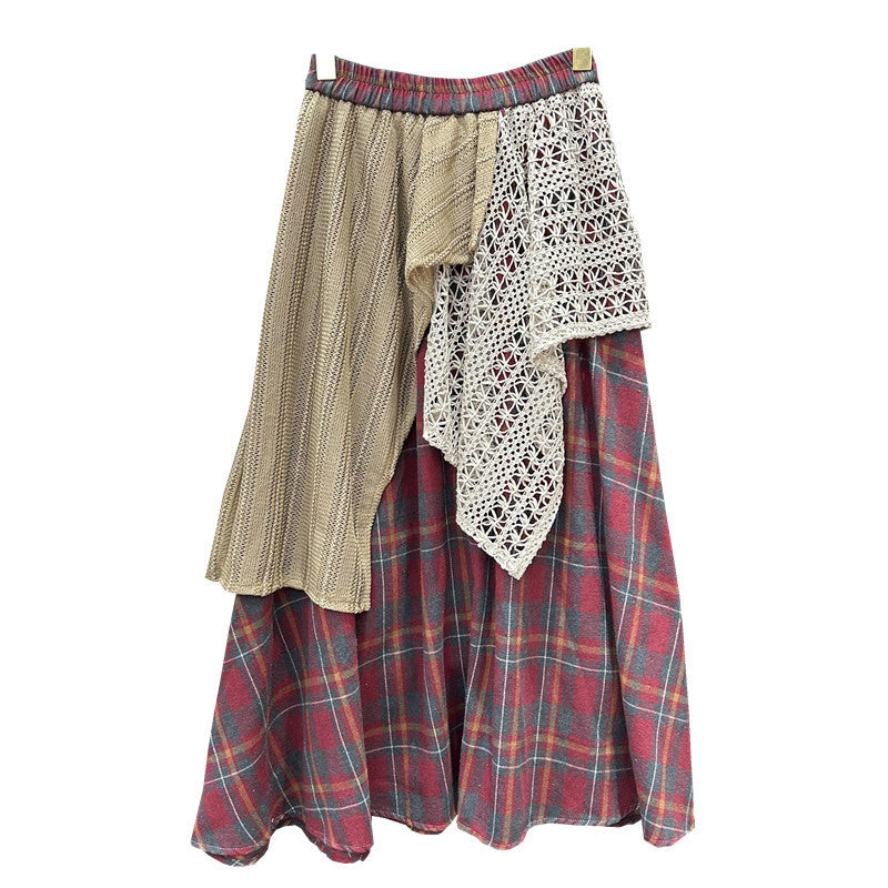 Women Stitching Color-contrast Check Skirt