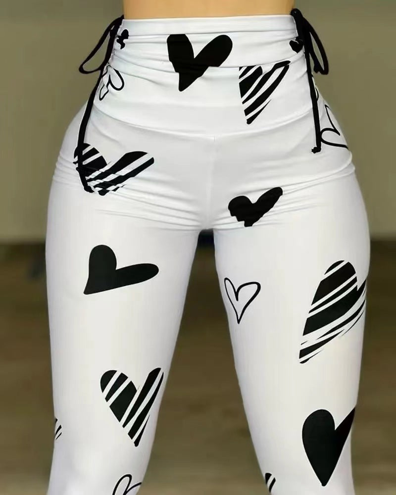 Drawstring Heart Print Leggings