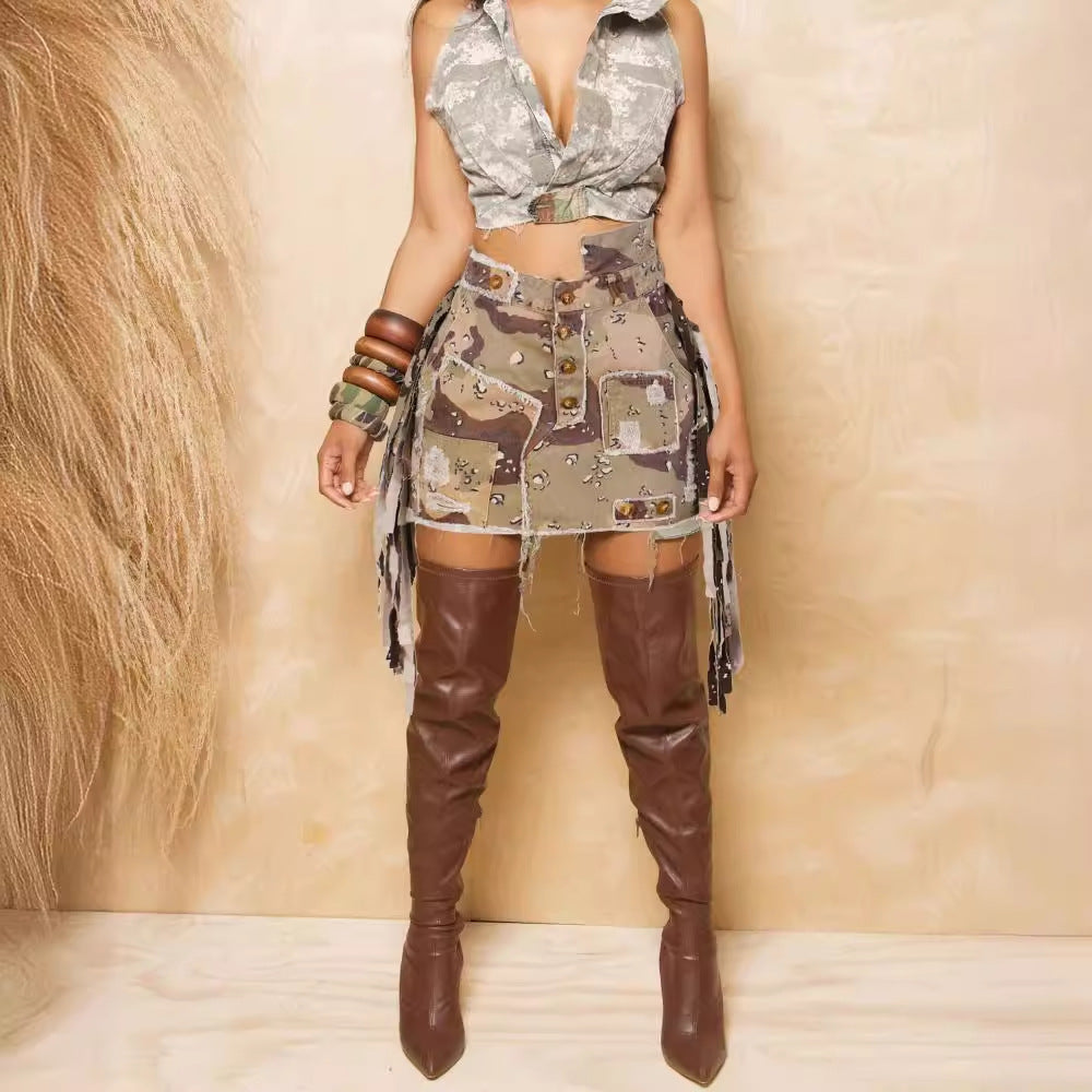 Camouflage Tassel Patch Skirt
