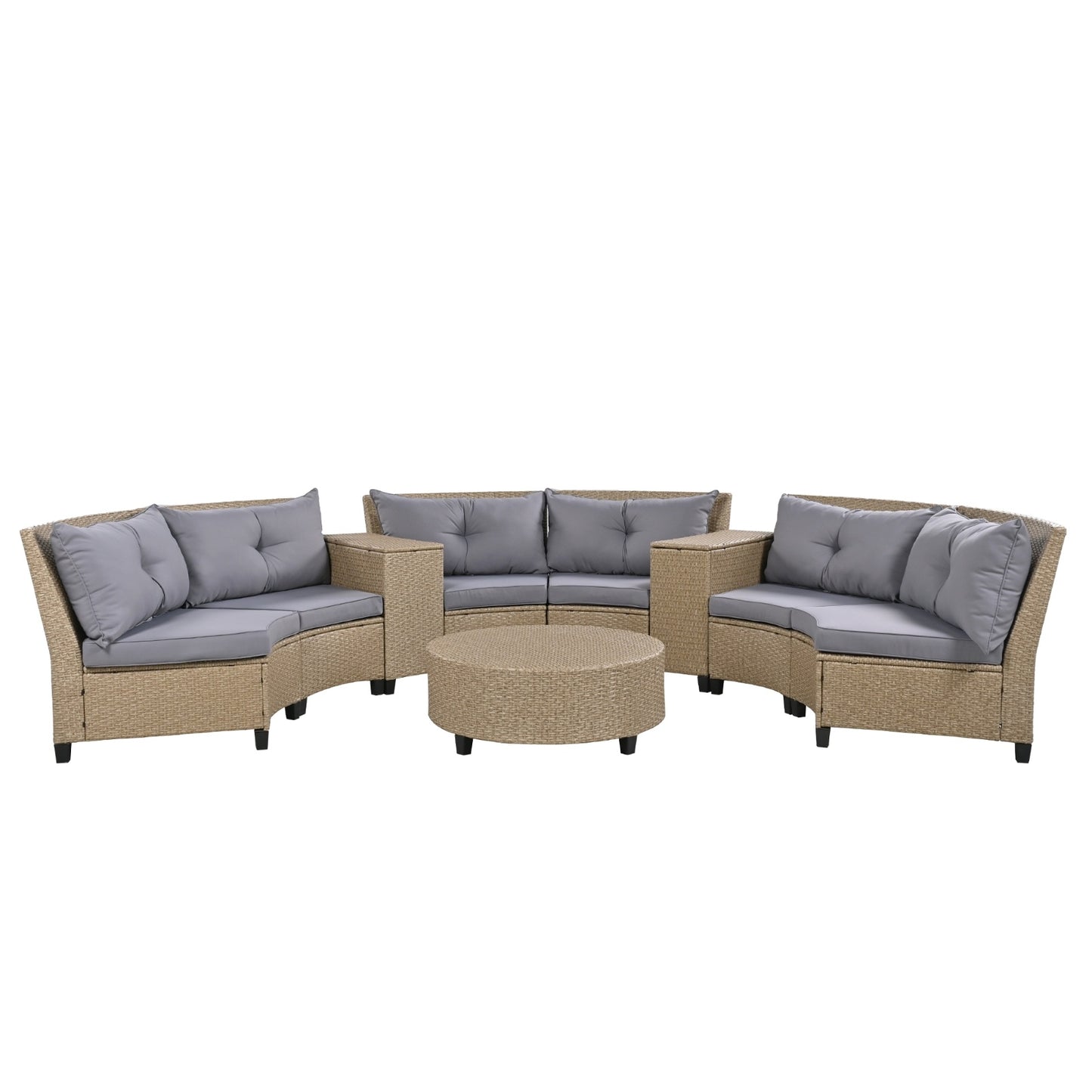 U Style 6-Person Fan-Shaped Rattan Set With Cushions Table