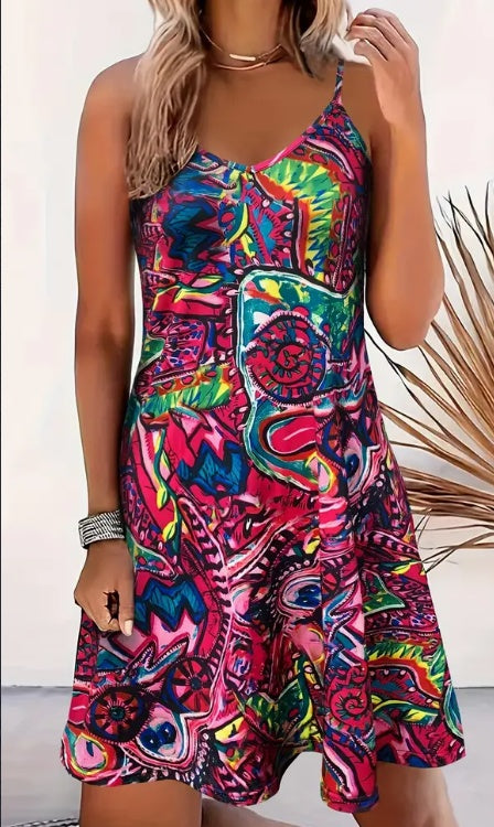 Abstract Print Backless Cami Dress, Vacation Sleeveless V-neck Dress
