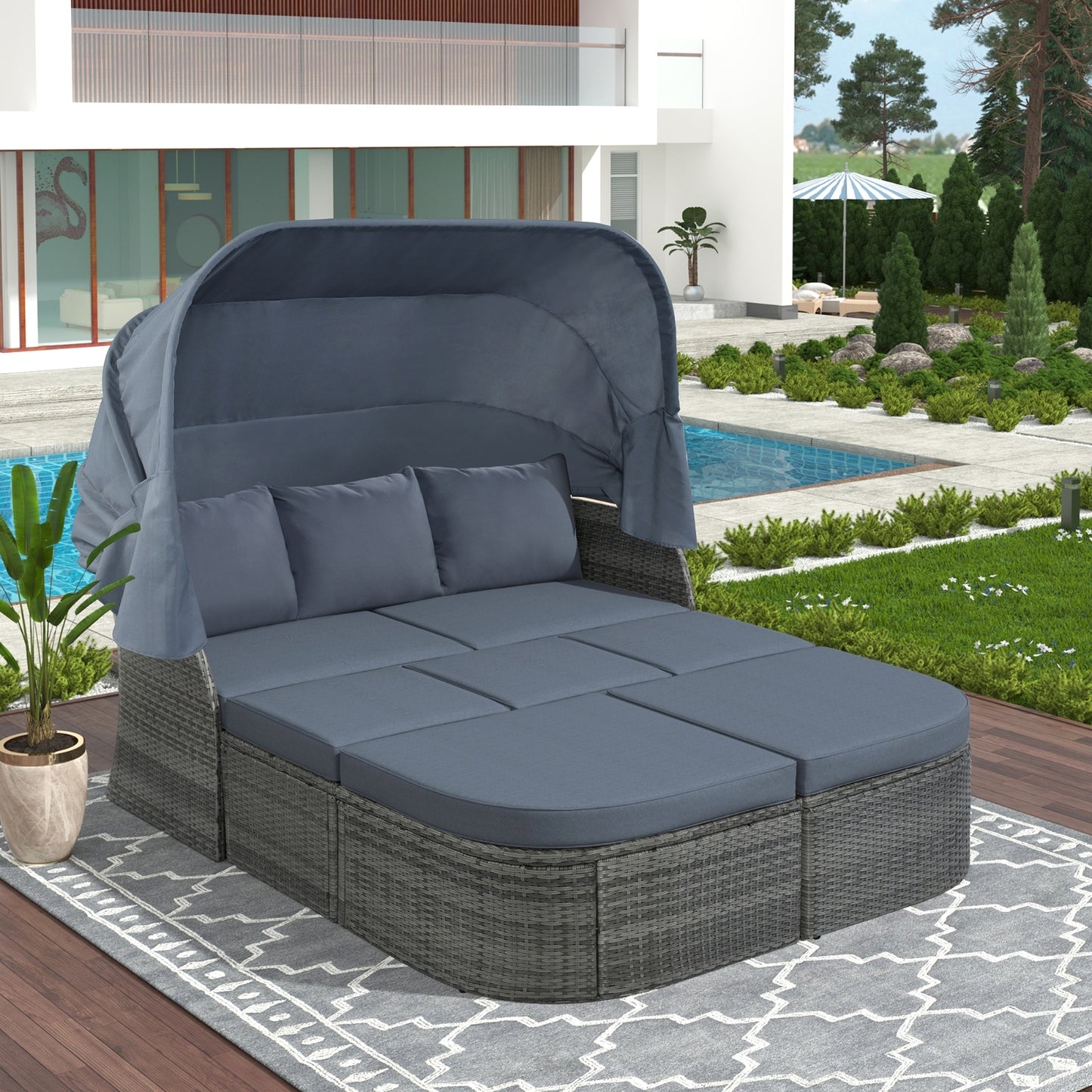 Patio Furniture Set Daybed Sunbed With Canopy Wicker Conversation Set