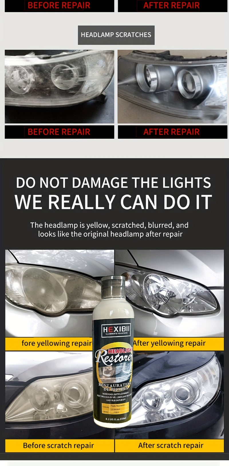 8.5oz Car Headlight Restoration Fluid Automotive Headlight Oxidation Yellowing Scratches Blurring Enhancement Crystal Plating Coating Refurbishment Agent