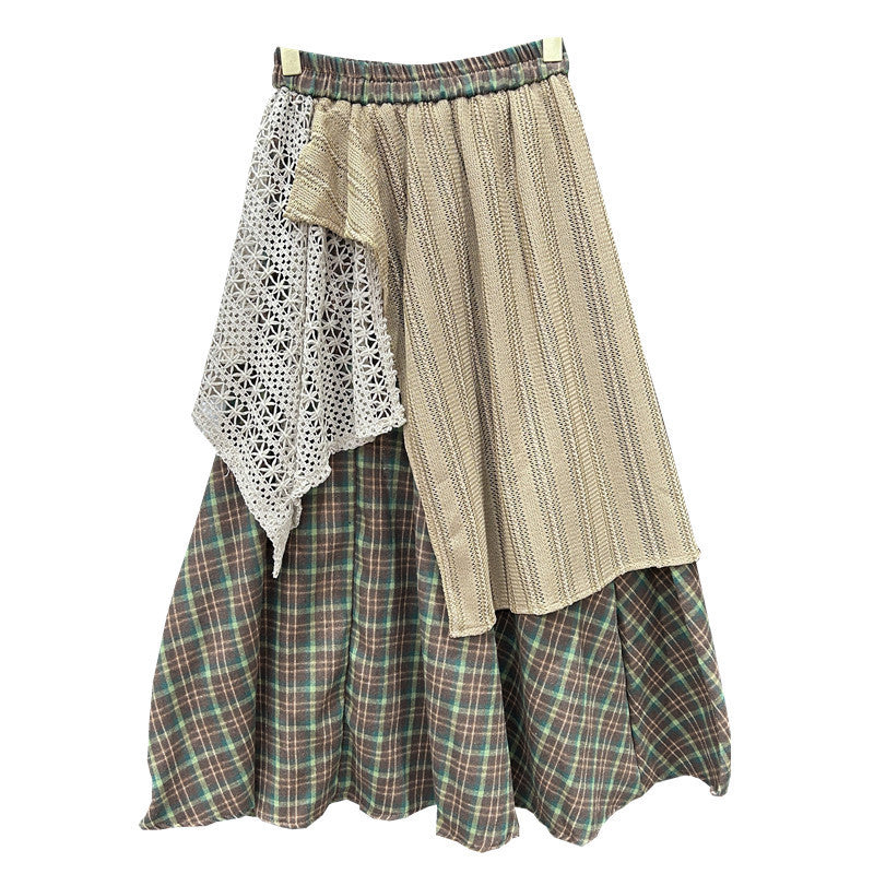 Women Stitching Color-contrast Check Skirt