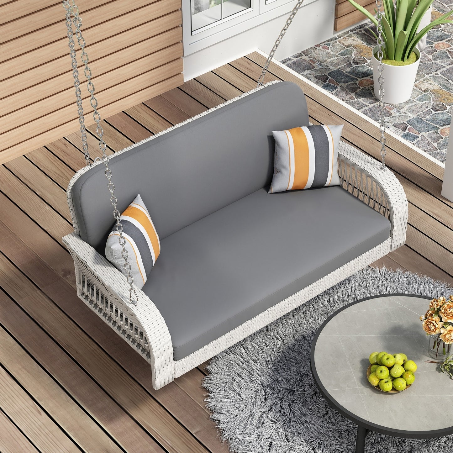 Wicker Porch Swing, 2-Seater Hanging Bench With Chains, Patio Furniture Swing For