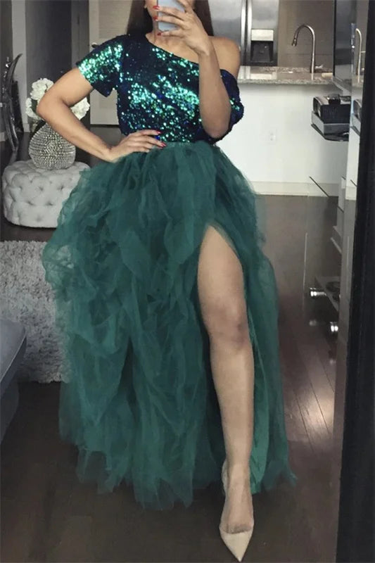 Women Tutu Long Skirt Front Split Layered Tulle Maxi Puffy Skirts Floor Length Wedding Night Out Party Club Clothes