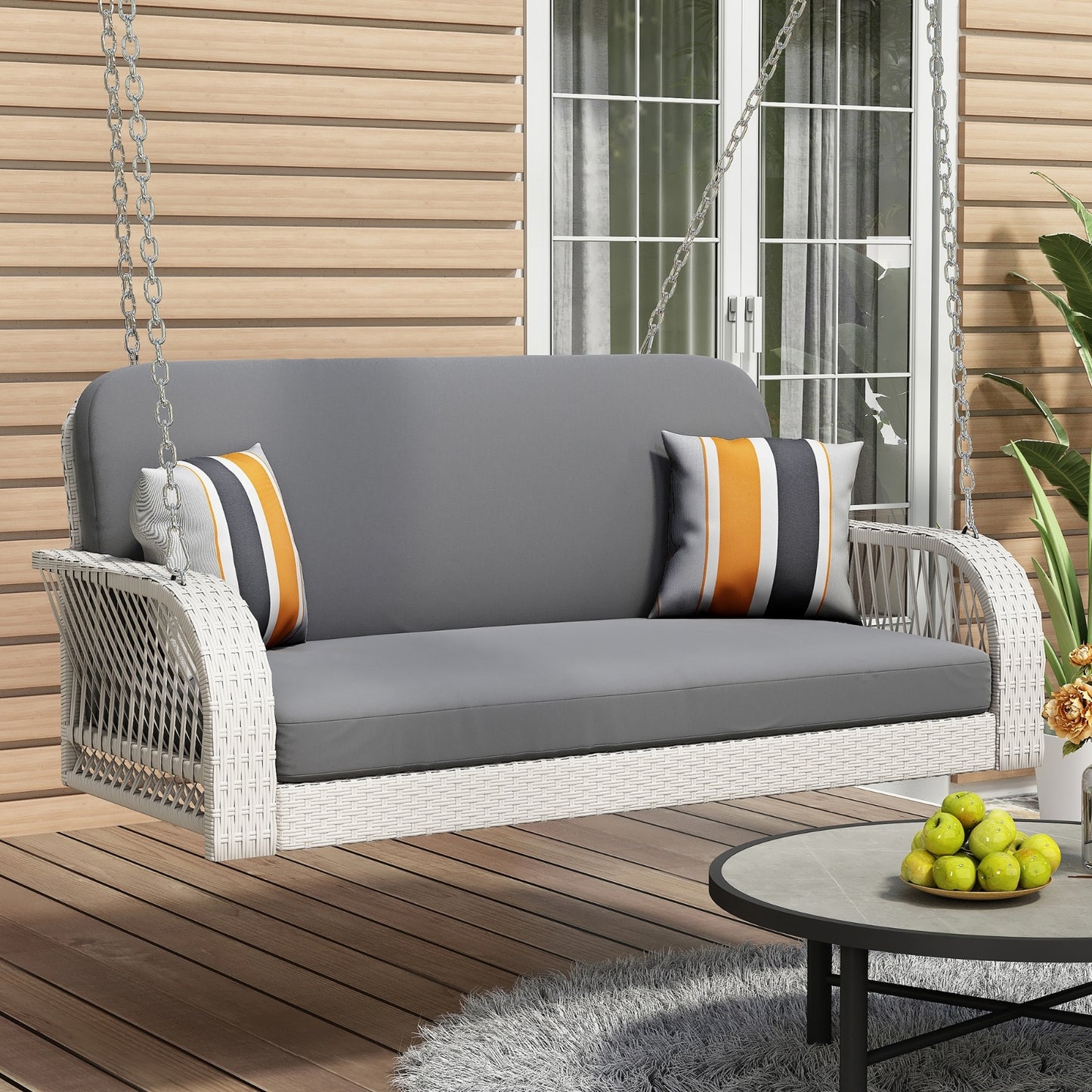Wicker Porch Swing, 2-Seater Hanging Bench With Chains, Patio Furniture Swing For